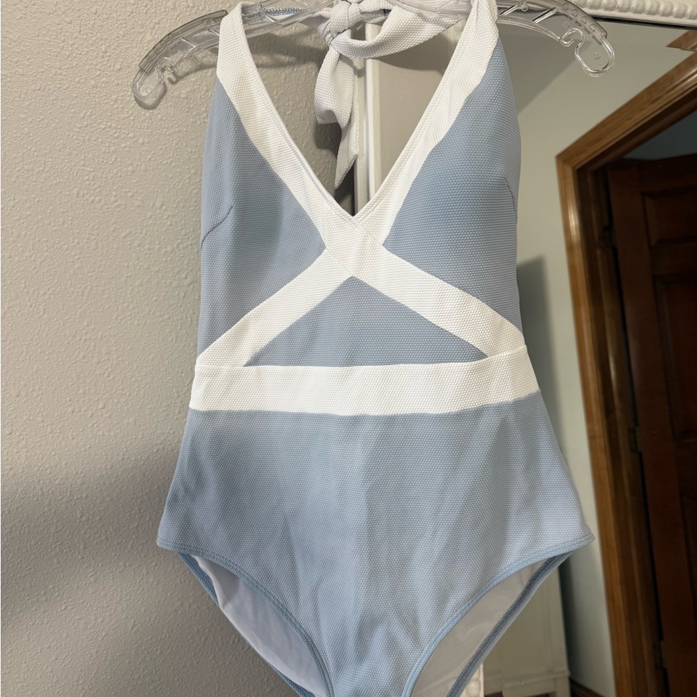 Stylish Blue and White One-Piece Swimsuit